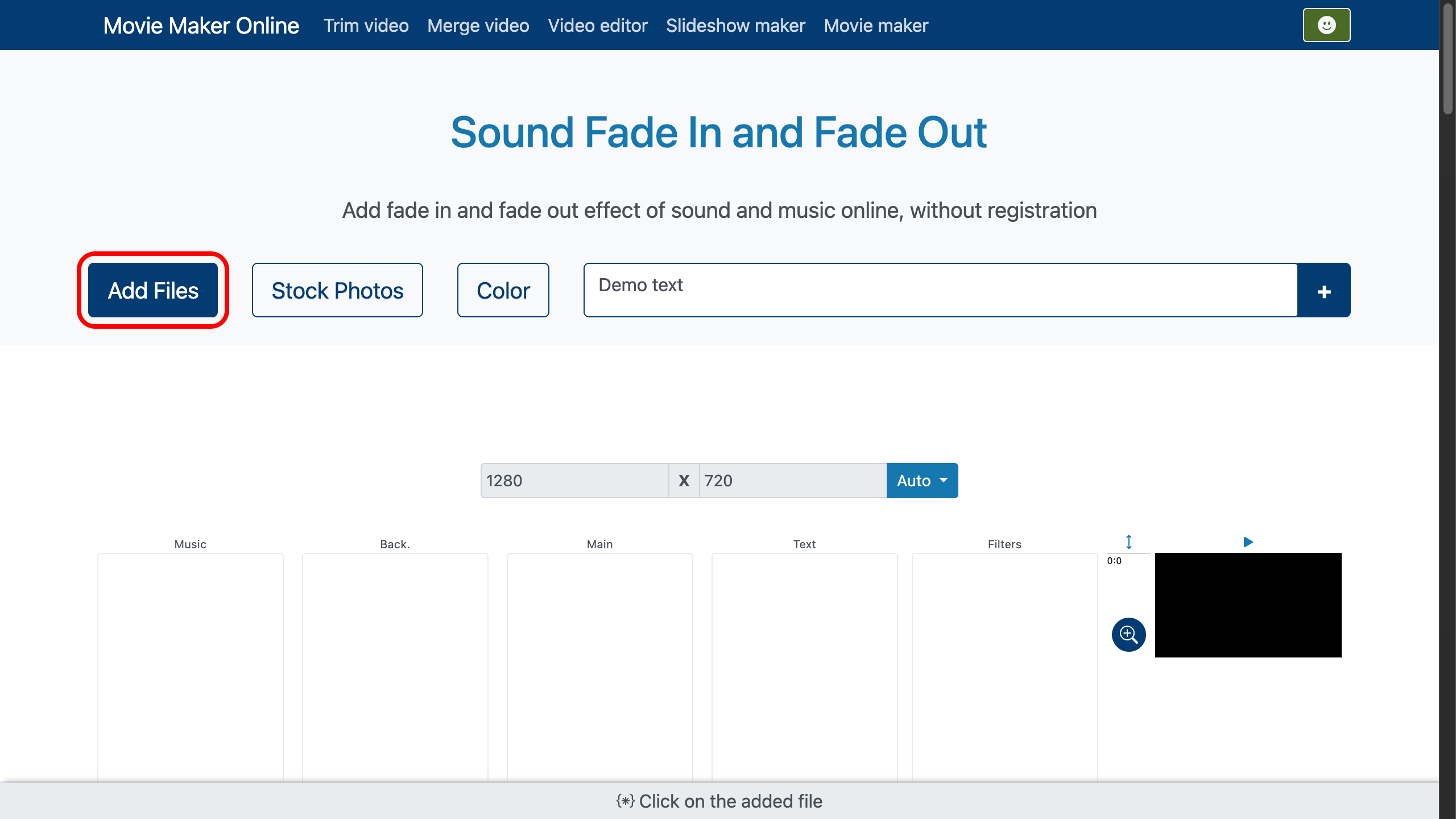 Upload musik- eller videofil for at anvende fade in- og fade out-effekter